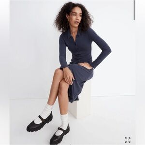 Madewell Navy Ribbed Button-Down Midi Dress | Long Sleeve Knit Dress